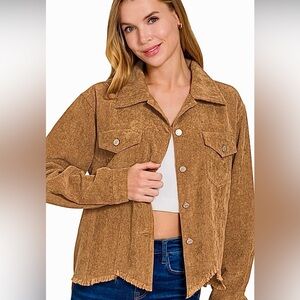 🩵Hello Gorgeous! Distressed Corduroy Frayed Hem Cropped Jacket - Dark Camel